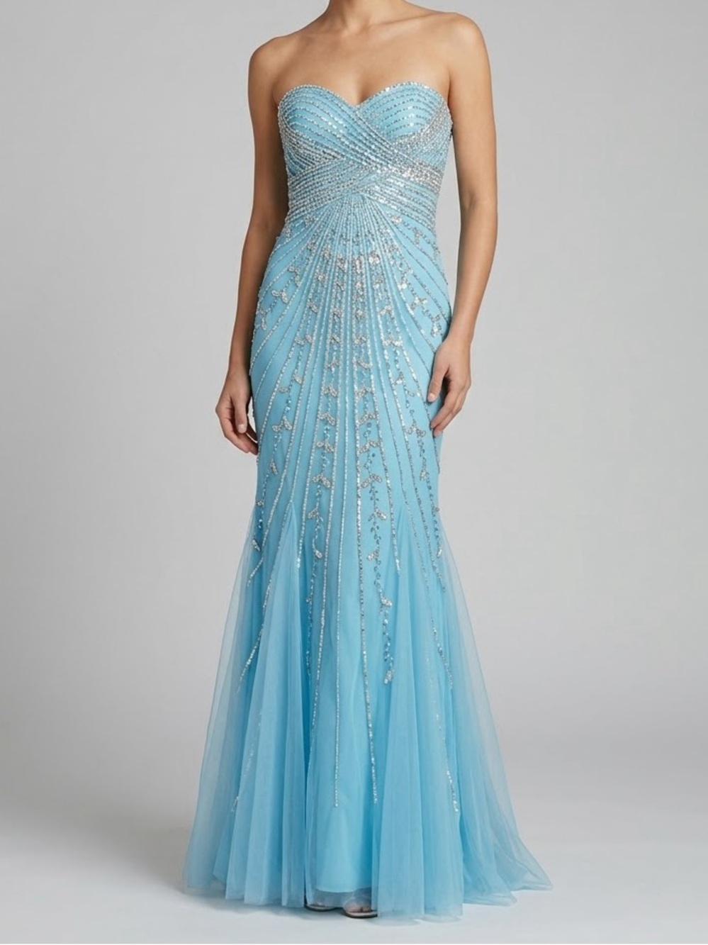 Camille La Vie Turquoise Blue Sequin Beaded Mermaid Prom Gown 3333R Size 4